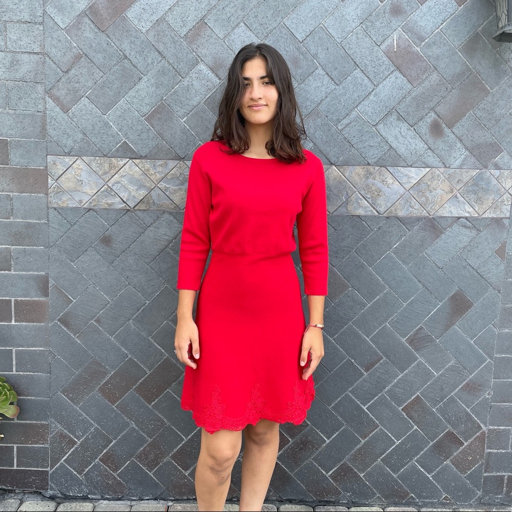 Vintage. Red Knit, 3/4 Sleeve Dress with Lace Detail